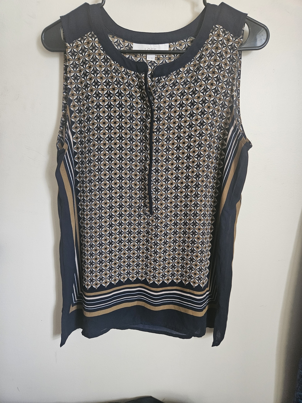 LOFT Geometric Print Blouse in Navy and Tan